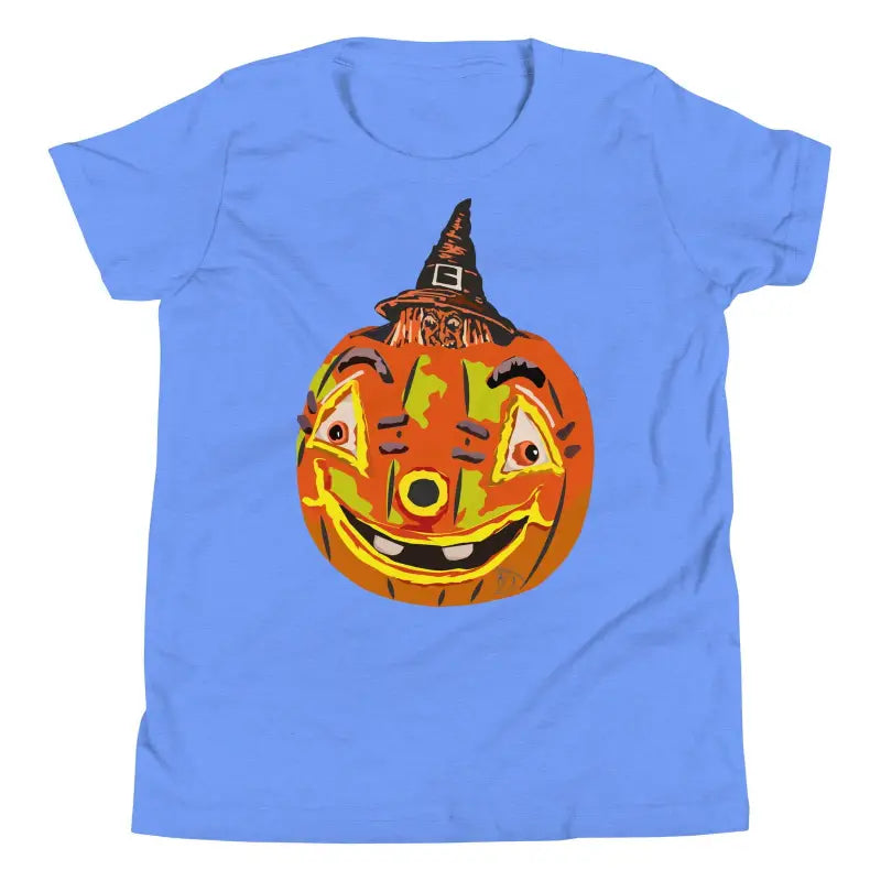 Smiling jack-o’-lantern in a witch hat on a cute Halloween youth short sleeve t-shirt