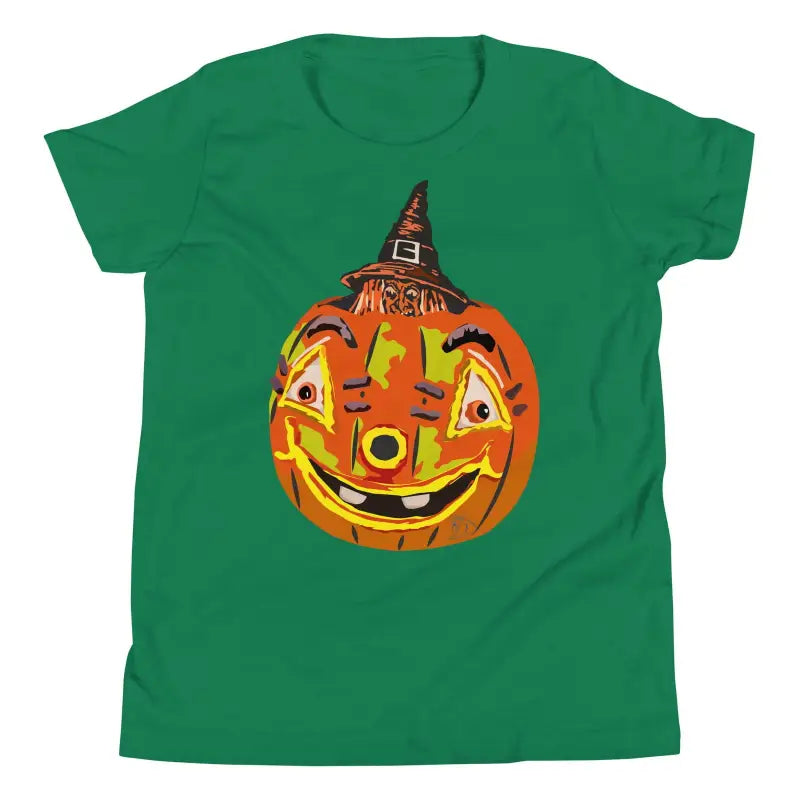 Smiling jack-o’-lantern with witch hat on green Halloween youth short sleeve t-shirt