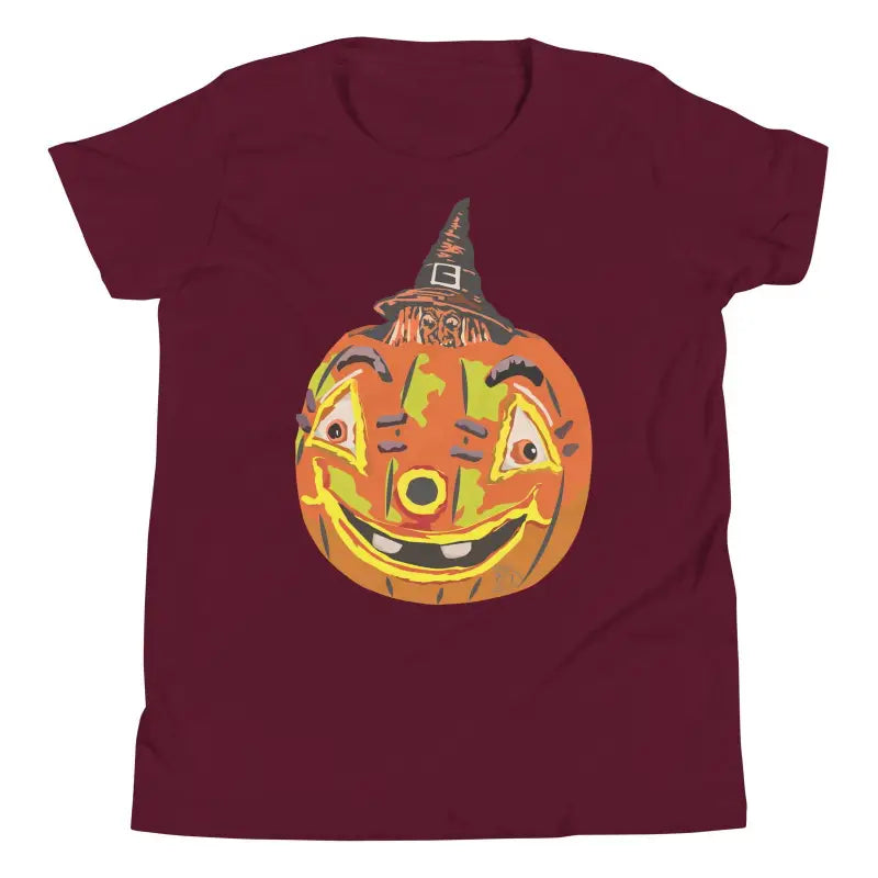 Smiling jack-o’-lantern in a witch hat on Halloween youth short sleeve t-shirt