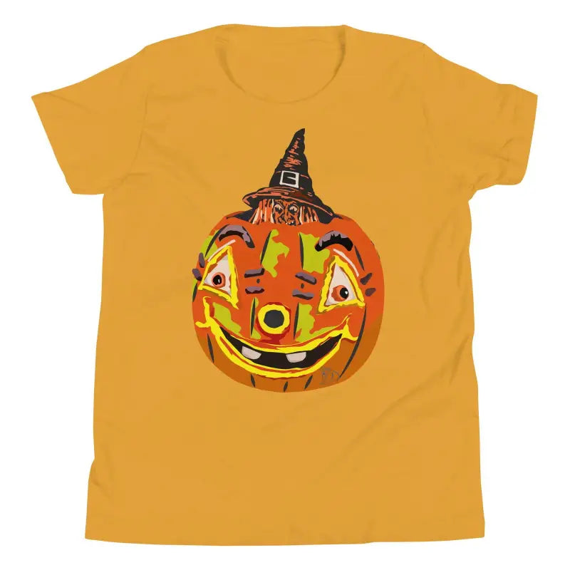 Smiling jack-o’-lantern in witch hat on cute Halloween youth short sleeve t-shirt