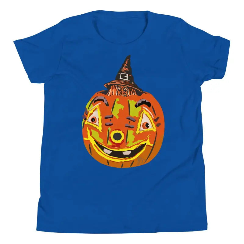 Bright orange jack-o’-lantern in a witch hat on a Halloween youth short sleeve t-shirt