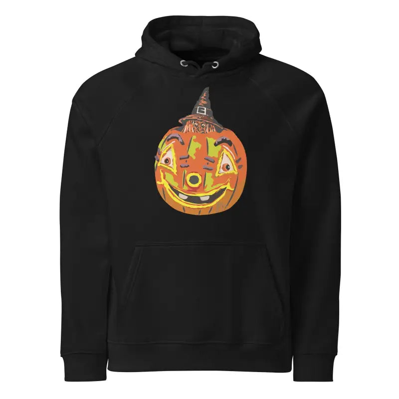 Black unisex cotton-blend eco hoodie featuring a smiling jack-o’-lantern design for Halloween