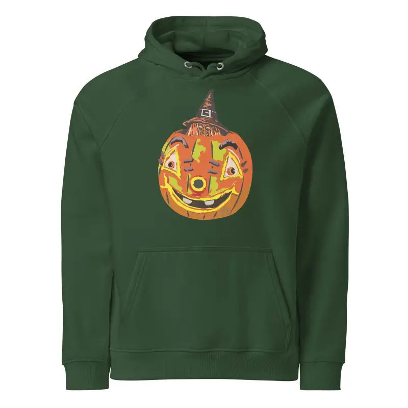 Forest green unisex cotton-blend eco hoodie featuring a smiling jack-o’-lantern design