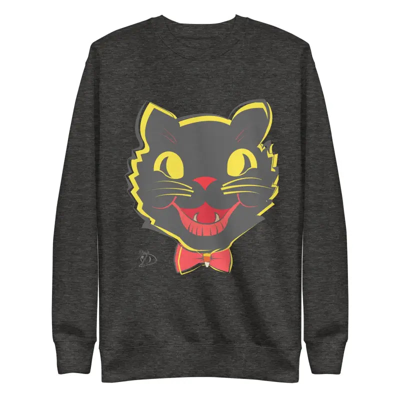 Dark gray unisex premium sweatshirt with cartoon black cat face and yellow glowing eyes