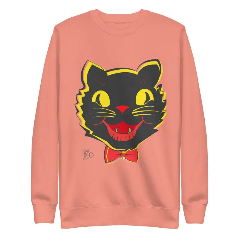 Peach vintage cat unisex sweatshirt with black cat face, yellow eyes, red nose, and bow tie