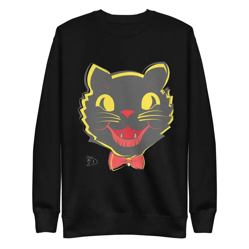 Black unisex premium sweatshirt featuring cartoon cat face design with yellow eyes and bow tie