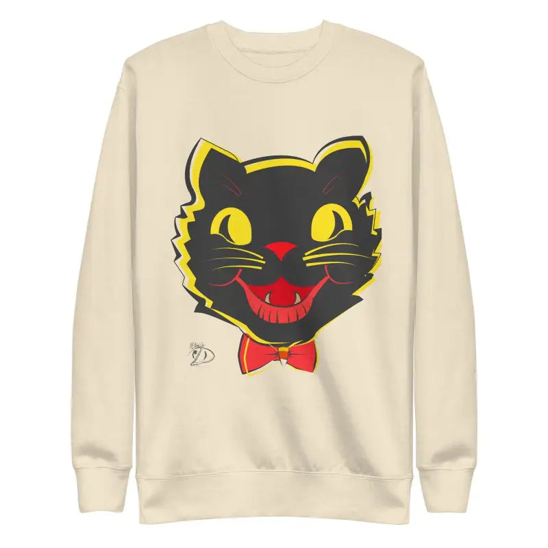 Beige unisex premium sweatshirt featuring vintage cat charm with black cat head design