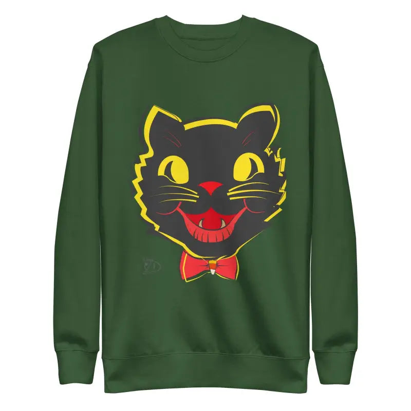 Green unisex premium sweatshirt with black cat face design, red nose, and bowtie