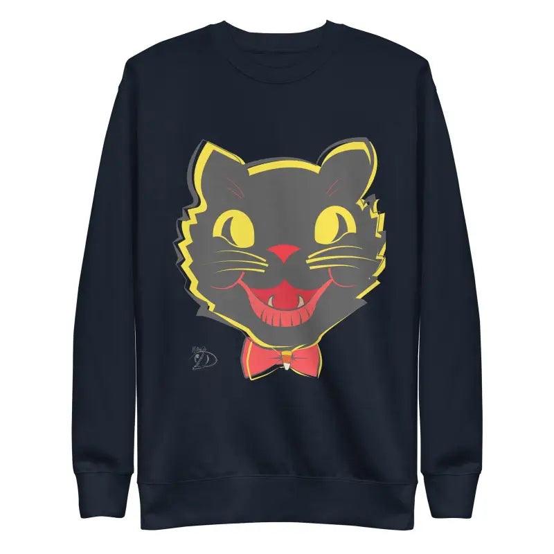 Black vintage cat unisex sweatshirt featuring cartoon cat face design with yellow outlines