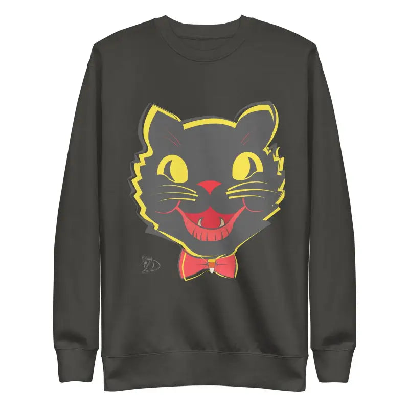 Dark gray unisex premium sweatshirt with yellow cat face design and red bow tie