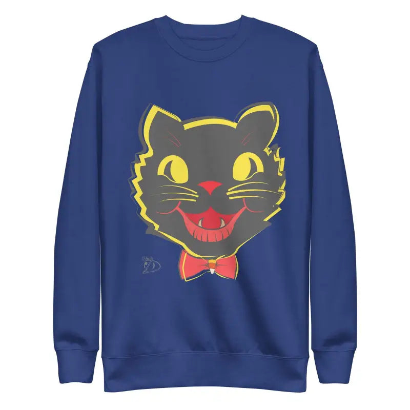 Navy blue vintage cat unisex sweatshirt with cartoon black cat face and red bow tie