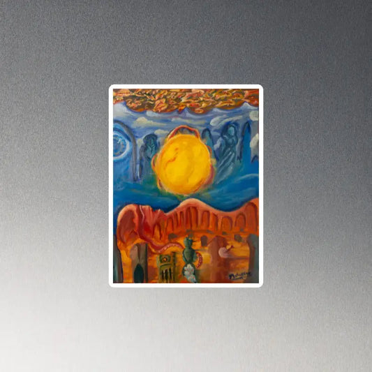 Bright yellow sun in a stylized desert landscape on Matthew Dye’s die-cut magnet, premium matte finish