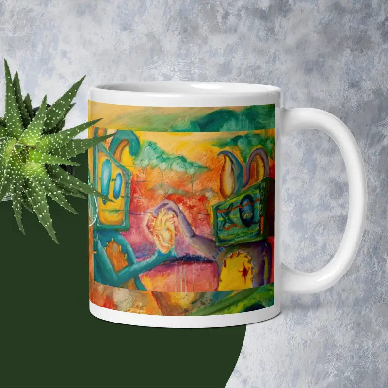 White ceramic mug with vibrant abstract art by Matthew Dye, a perfect gift for art lovers