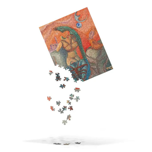 Partially completed Binding Dreamscape Jigsaw Puzzle with scattered art pieces below