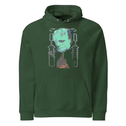 Forest green eco organic cotton-blend hoodie with The Mechanical Frankenstein graphic design