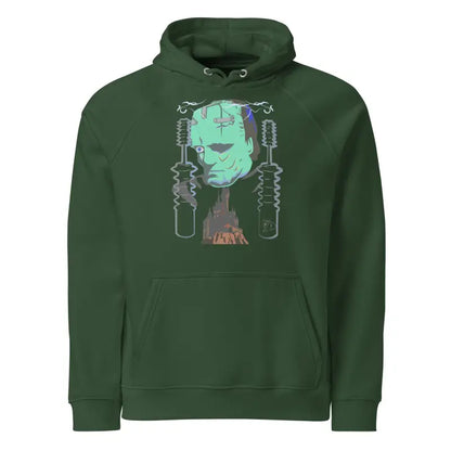 Green eco organic cotton-blend hoodie featuring The Mechanical Frankenstein graphic design