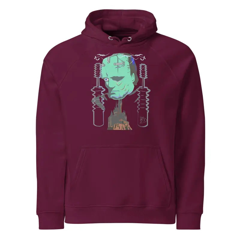 Burgundy Eco Organic Cotton-Blend Hoodie featuring The Mechanical Frankenstein graphic design