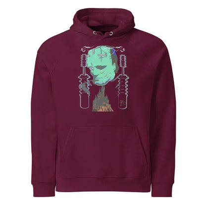Maroon eco organic cotton-blend hoodie featuring The Mechanical Frankenstein graphic