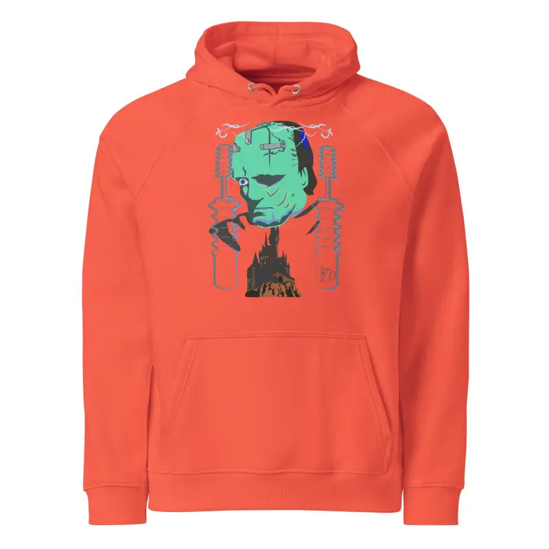 Orange eco organic cotton-blend hoodie featuring The Mechanical Frankenstein graphic