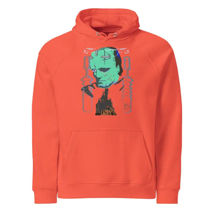 Orange eco organic cotton-blend hoodie featuring The Mechanical Frankenstein graphic