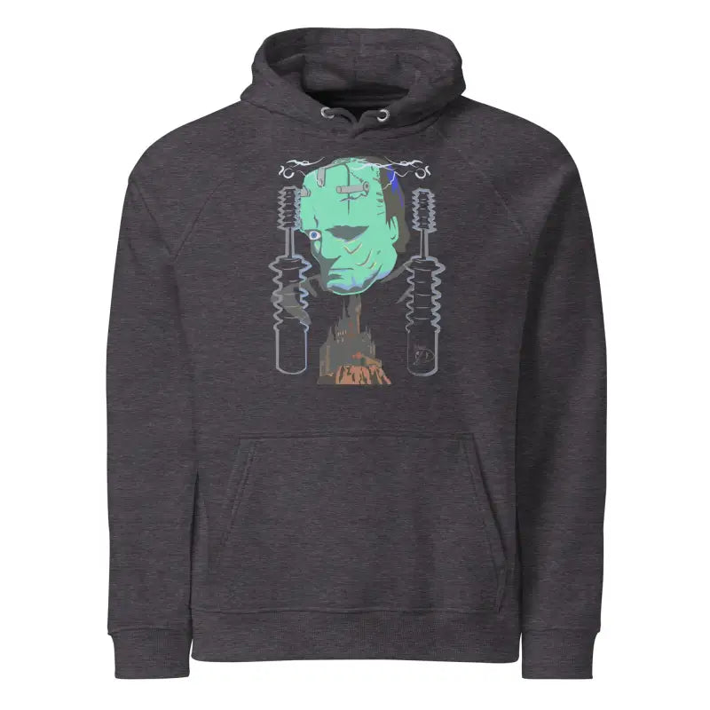 Gray eco organic cotton-blend hoodie featuring a mechanical Frankenstein graphic for cozy autumn
