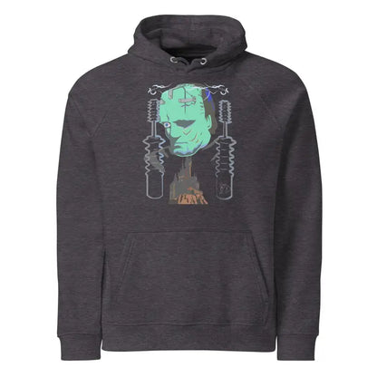 Dark gray eco organic cotton-blend hoodie featuring The Mechanical Frankenstein graphic