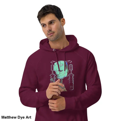 Maroon eco organic cotton-blend hoodie featuring The Mechanical Frankenstein graphic