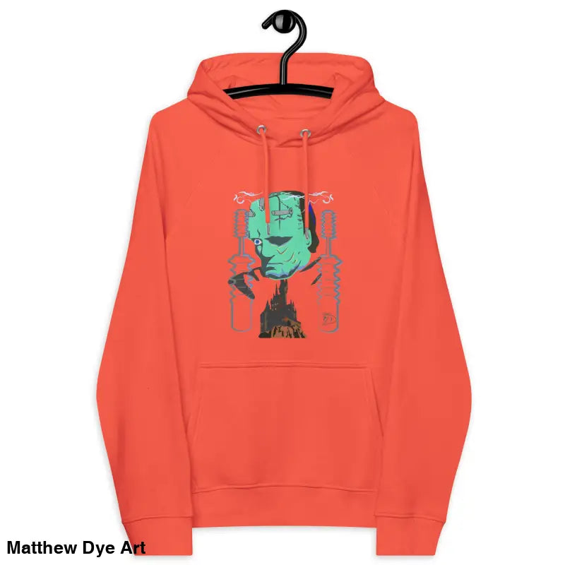 Orange eco organic cotton-blend hoodie featuring a Mechanical Frankenstein graphic