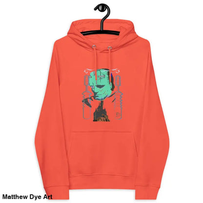Orange eco organic cotton-blend hoodie featuring a Mechanical Frankenstein graphic