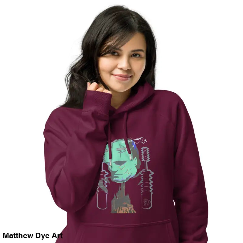 Maroon eco organic cotton-blend hoodie featuring The Mechanical Frankenstein graphic