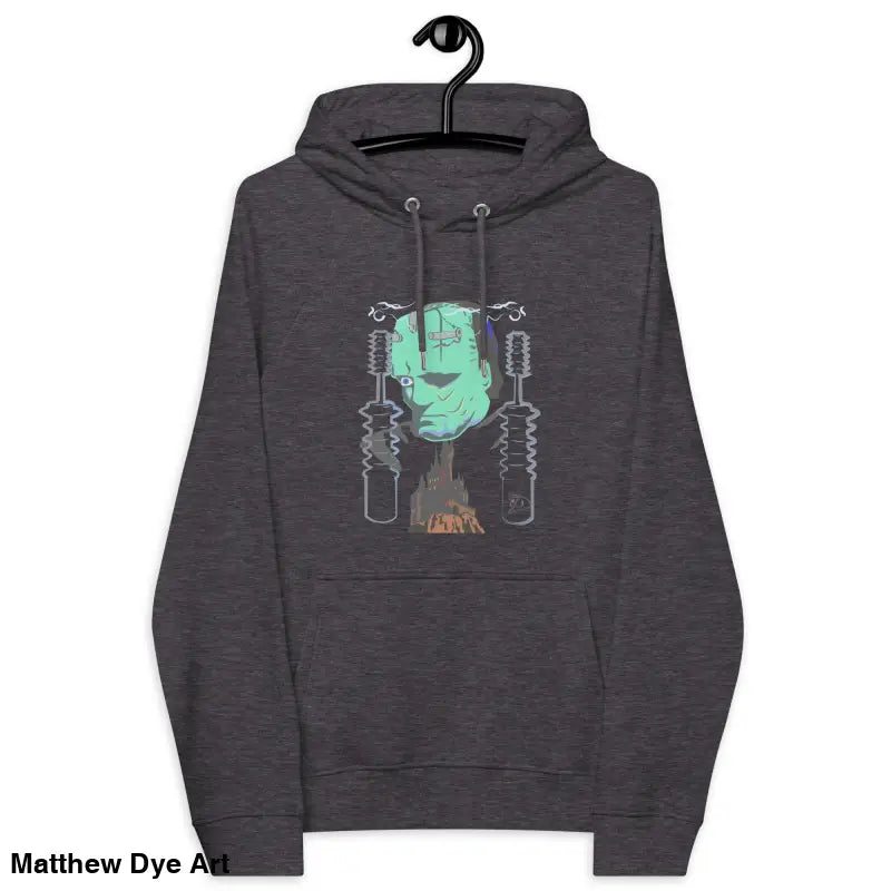 Gray eco organic cotton-blend hoodie featuring The Mechanical Frankenstein graphic design