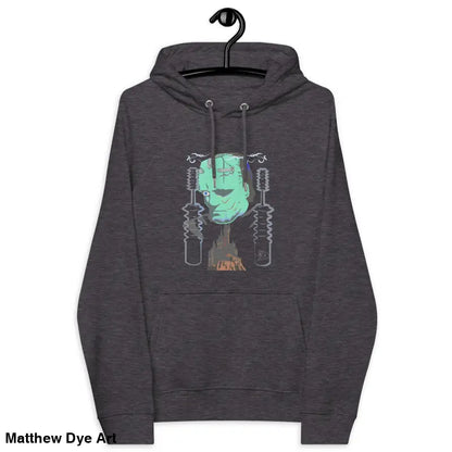 Gray eco organic cotton-blend hoodie featuring The Mechanical Frankenstein graphic design