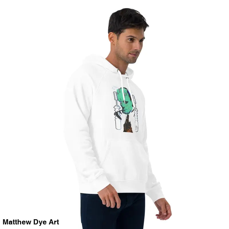 White eco organic cotton-blend hoodie featuring the mechanical Frankenstein graphic for autumn comfort