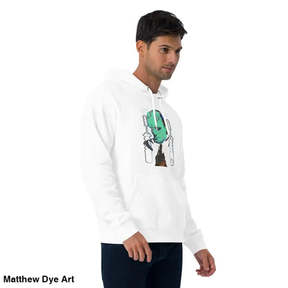 White eco organic cotton-blend hoodie featuring the mechanical Frankenstein graphic for autumn comfort