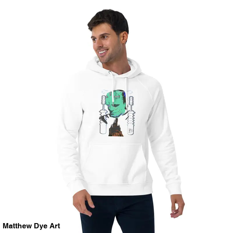 White hoodie featuring a mechanical Frankenstein graphic in eco organic cotton-blend