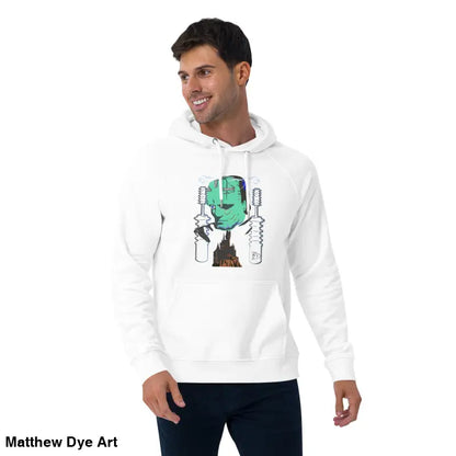 White hoodie featuring a mechanical Frankenstein graphic in eco organic cotton-blend