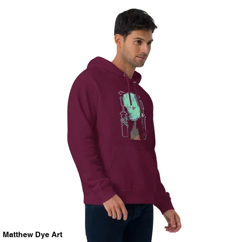 Maroon eco organic cotton-blend hoodie featuring the mechanical Frankenstein graphic