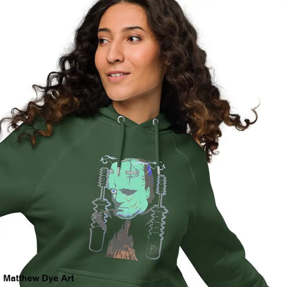 Green eco organic cotton-blend hoodie featuring The Mechanical Frankenstein graphic