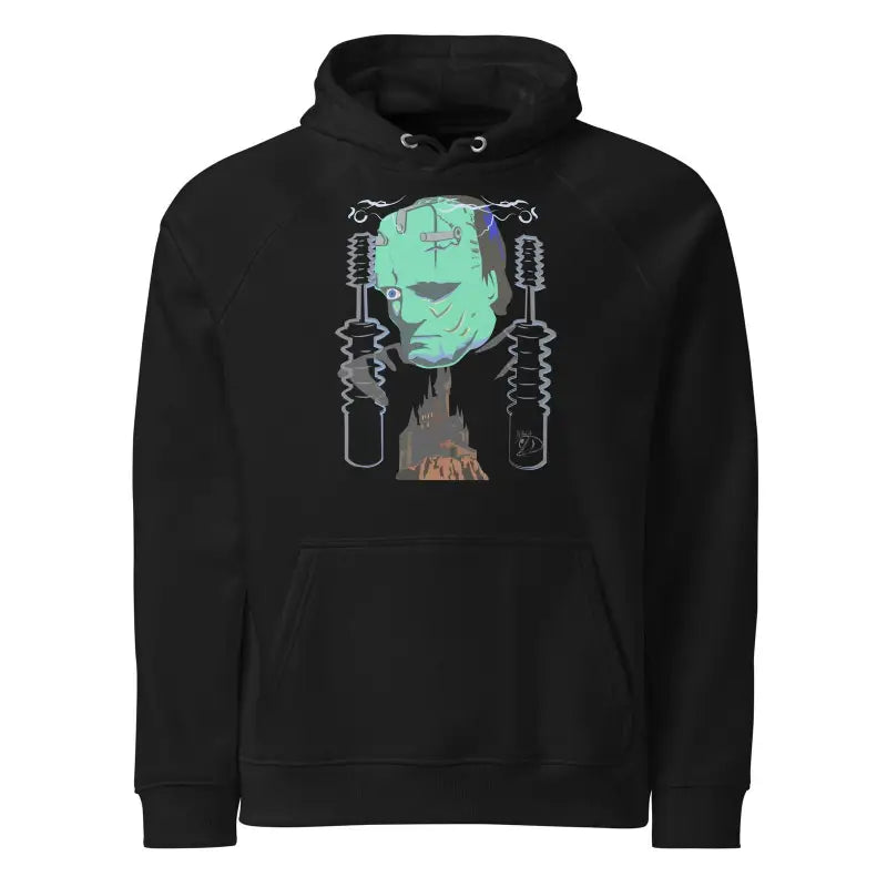 Black hoodie sweatshirt featuring The Mechanical Frankenstein graphic for cozy autumn comfort