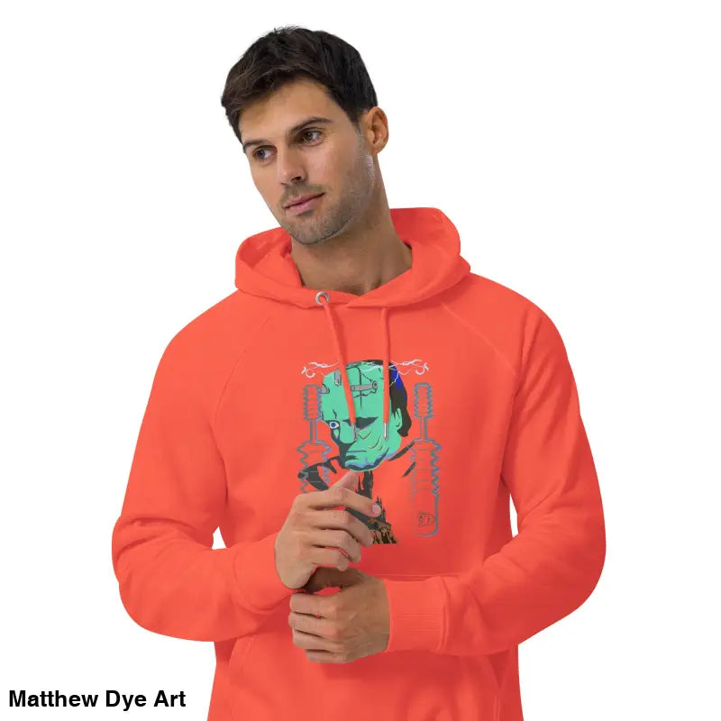 Orange hoodie featuring The Mechanical Frankenstein graphic, eco organic cotton-blend for comfort