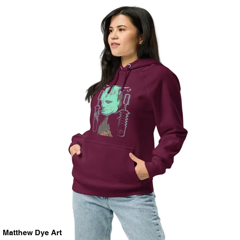 Maroon eco organic cotton-blend hoodie featuring The Mechanical Frankenstein graphic