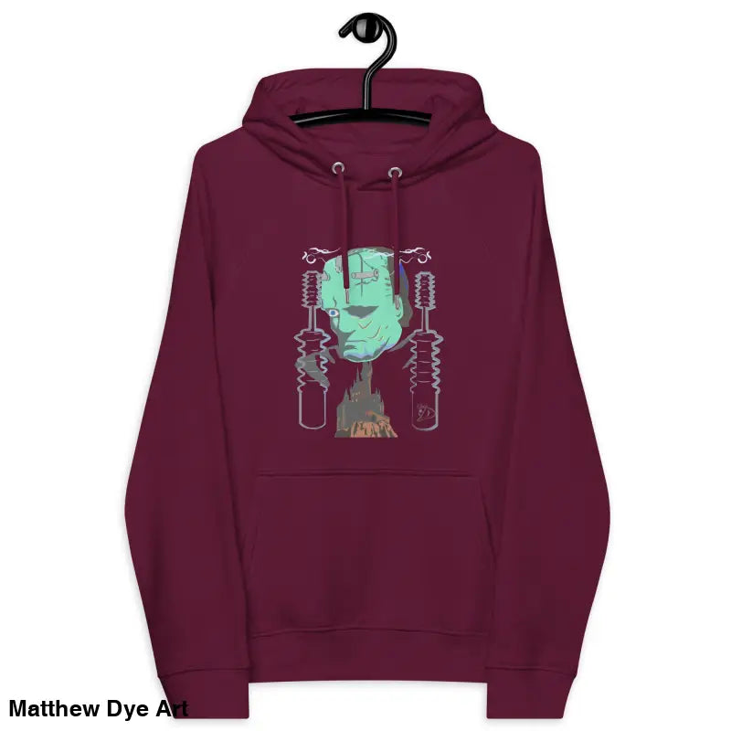 Maroon eco organic cotton-blend hoodie featuring The Mechanical Frankenstein graphic
