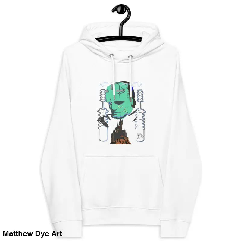 White eco organic cotton-blend hoodie featuring The Mechanical Frankenstein graphic