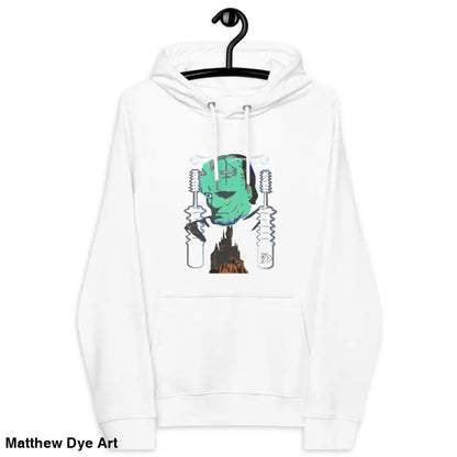 White eco organic cotton-blend hoodie featuring The Mechanical Frankenstein graphic