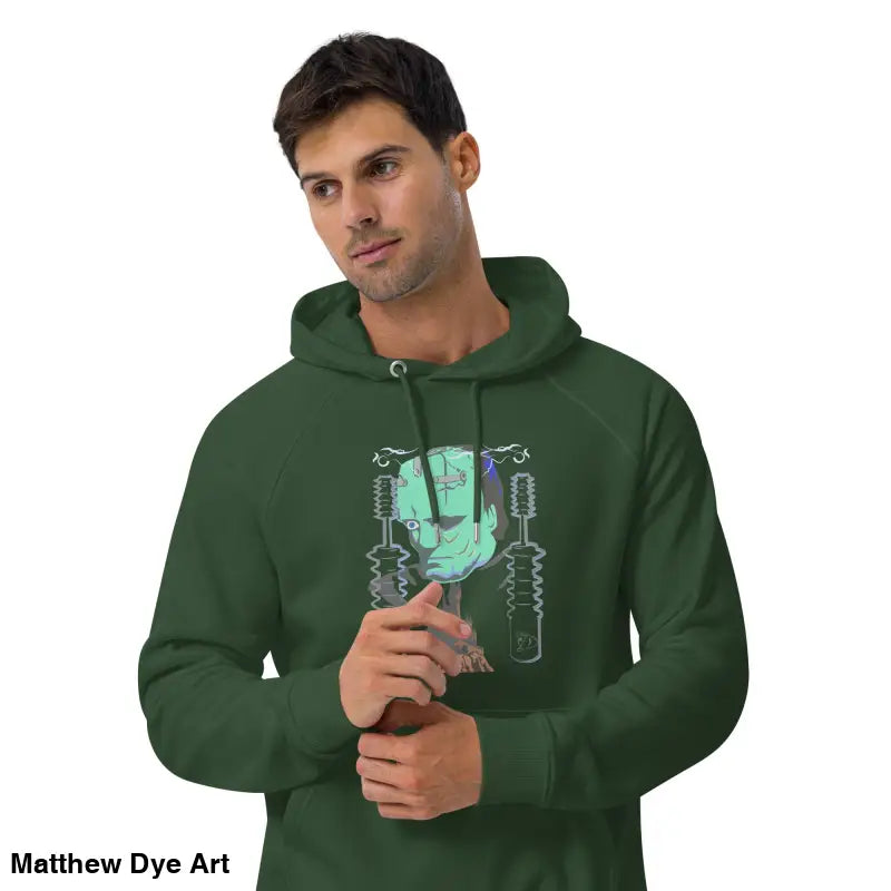 Green eco organic cotton-blend hoodie featuring The Mechanical Frankenstein graphic