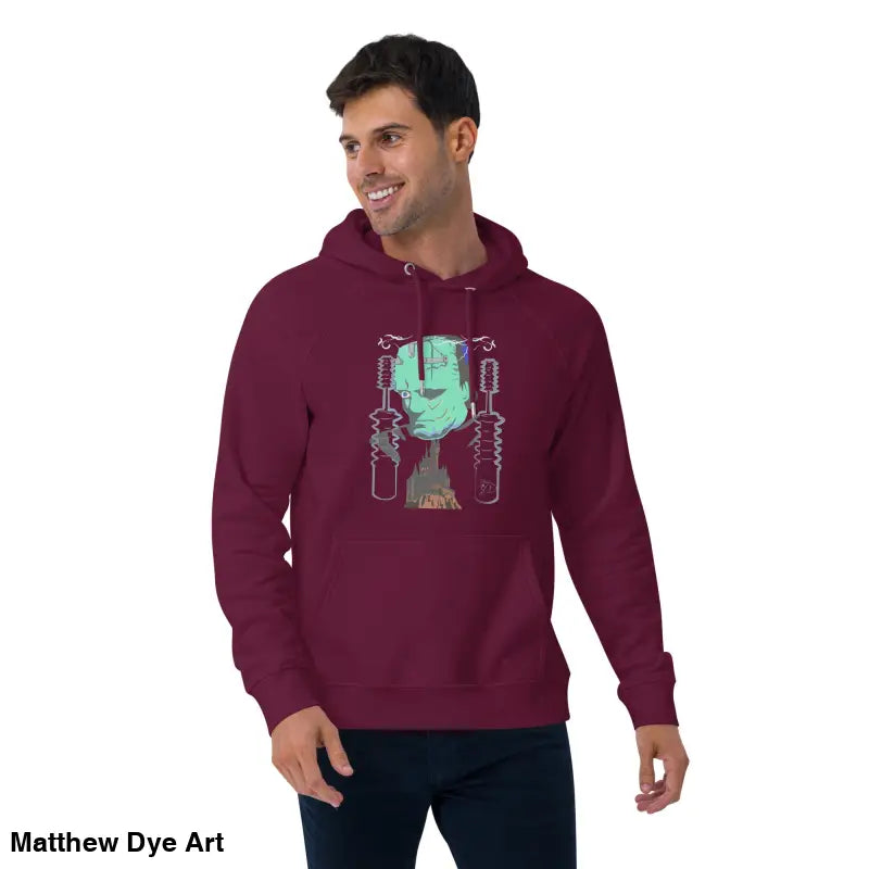 Burgundy eco organic cotton-blend hoodie featuring The Mechanical Frankenstein graphic