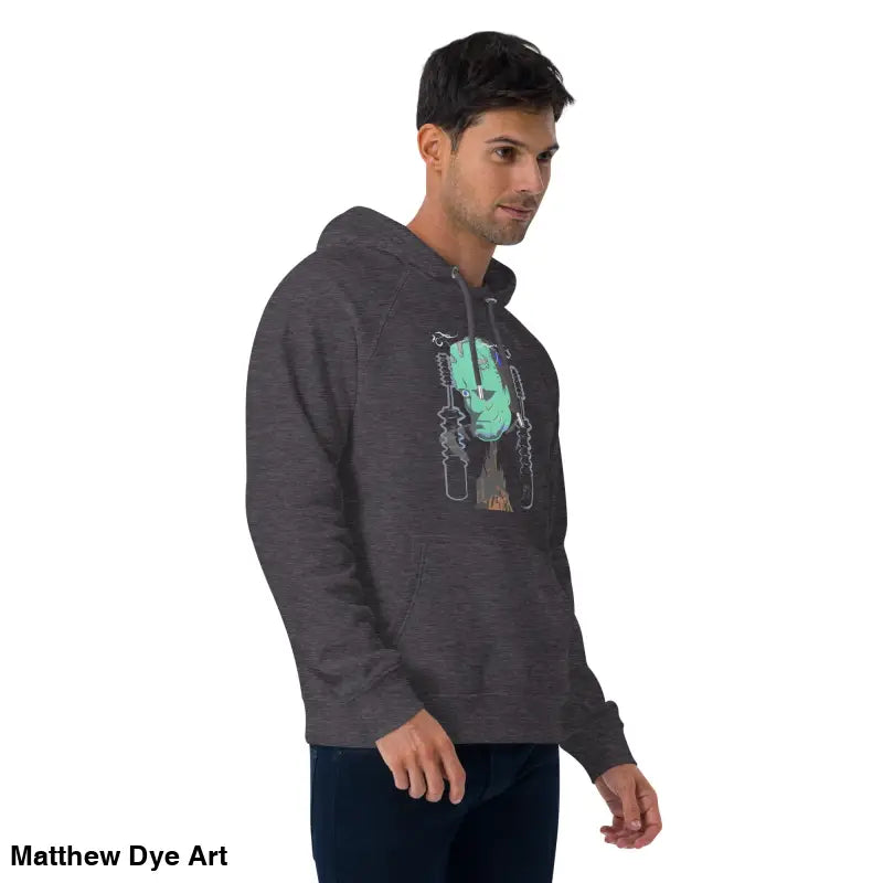 Gray eco organic cotton-blend hoodie featuring the mechanical Frankenstein graphic design