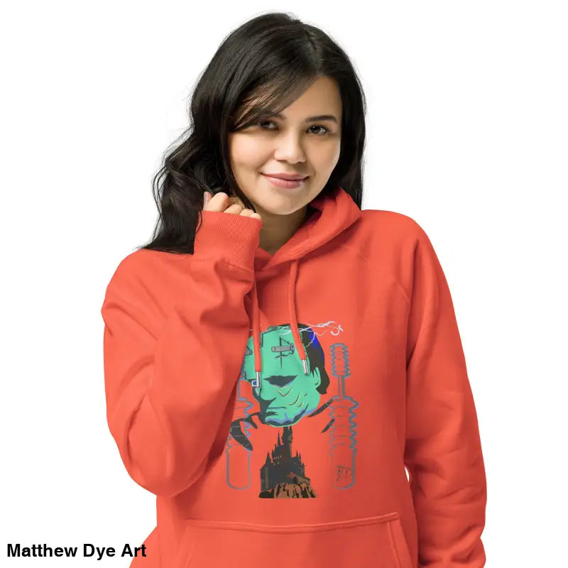 Orange eco organic cotton-blend hoodie featuring The Mechanical Frankenstein graphic