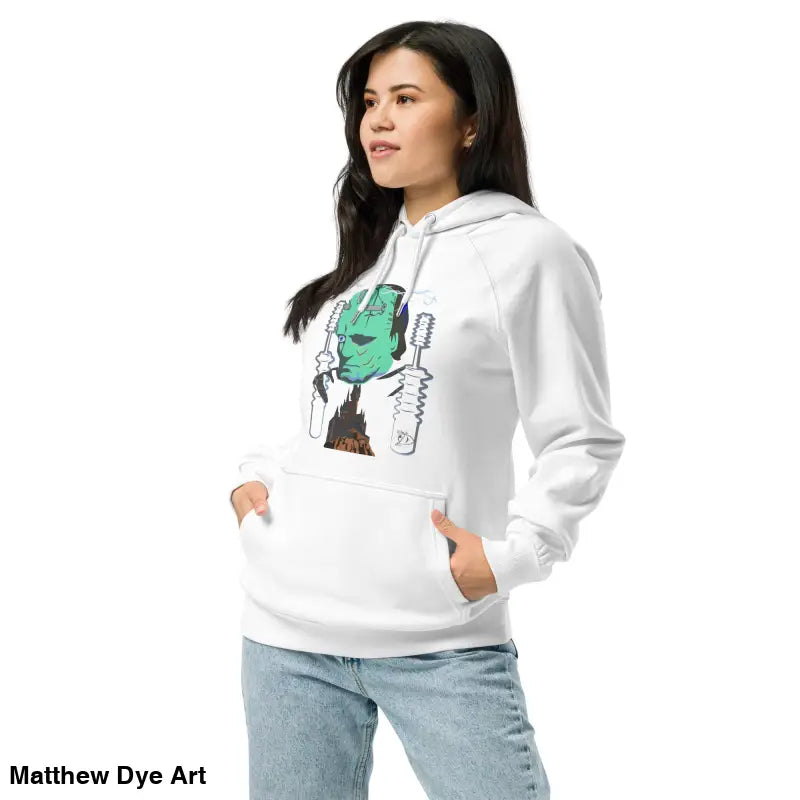 White hoodie featuring The Mechanical Frankenstein graphic, eco organic cotton-blend for cozy autumn