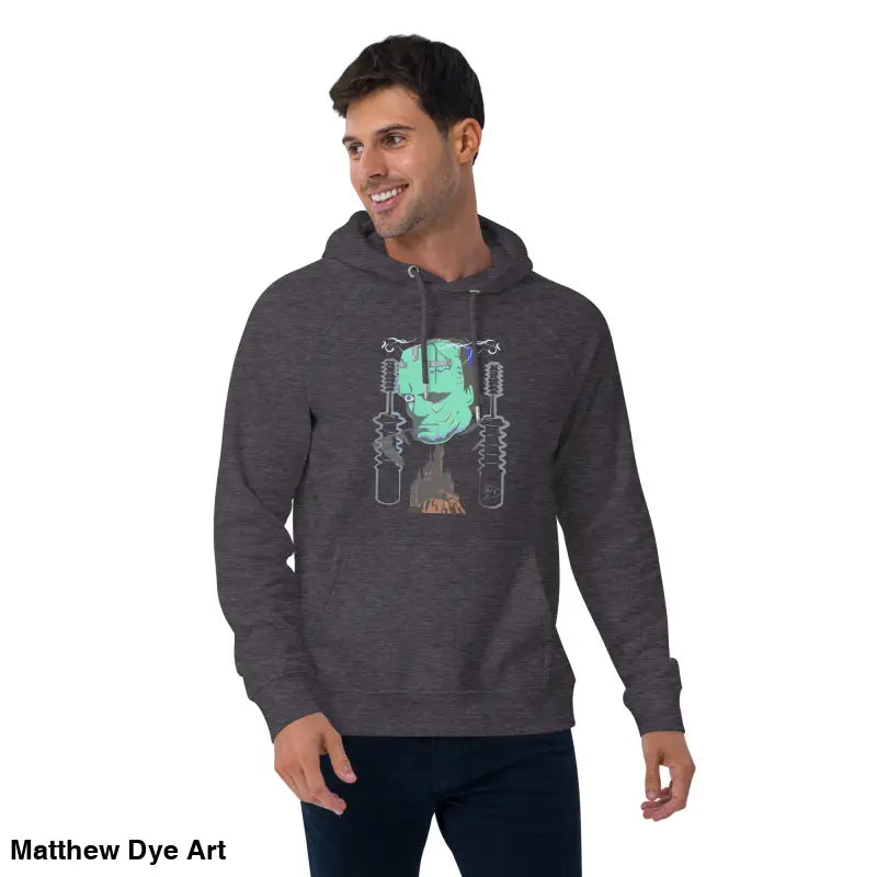 Gray eco organic cotton-blend hoodie featuring Mechanical Frankenstein graphic for autumn comfort